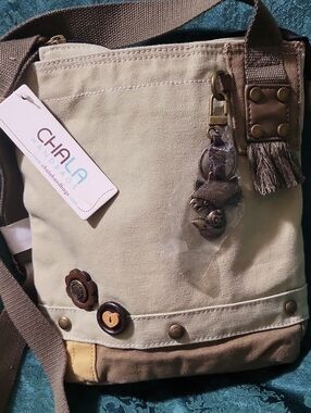 Chala Beige Canvas Messenger Bag with Brown Trim NEW